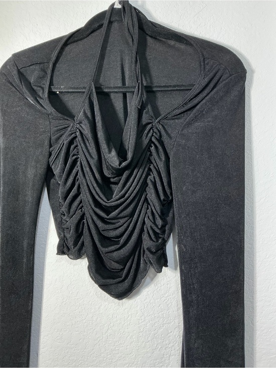 Tops - Black Draped Ruched Long-Sleeve Top